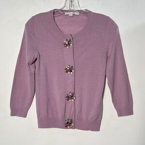 BODEN Wool Lilac Jewel Snap 3/4 SLV Knit Cardigan Sweater SZ 4